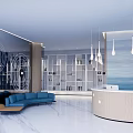 Modern Hotel Lobby With Wooden Reception Desk Sofa Seating Hanging Pendant Lights And Stylish Wall Design