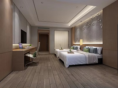 Modern Hotel Guest Room With Twin Beds Wooden Flooring Work Desk And Decorative Wall 3d model