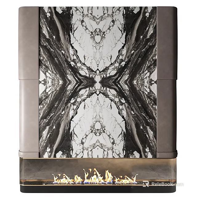 Modern Elegant Fireplace Design With Symmetrical Marble Pattern And Metal Frame 3d model
