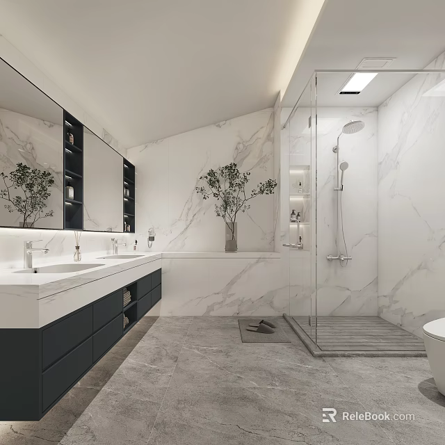 Modern Bathroom Interior with Marble Walls Double Sink Vanity Glass Shower And Green Plant 3d model 