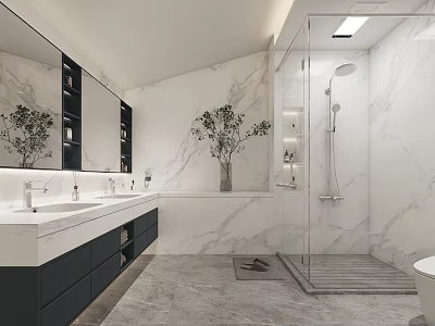 Modern Bathroom Interior with Marble Walls Double Sink Vanity Glass Shower And Green Plant 3d model