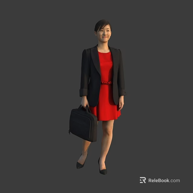 Professional Woman In Black Blazer And Red Dress Holding Black Briefcase 3d model 