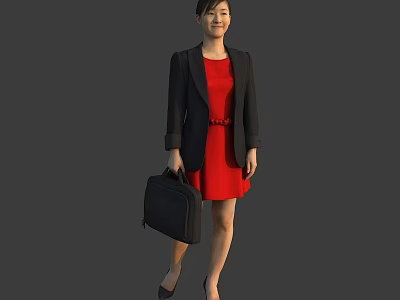 Professional Woman In Black Blazer And Red Dress Holding Black Briefcase 3d model