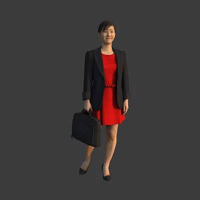 Professional Woman In Black Blazer And Red Dress Holding Black Briefcase 3d model
