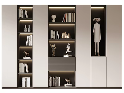 Modern Minimalist Bookcase Design With Books Decorative Pieces And Built In Lighting 3d model