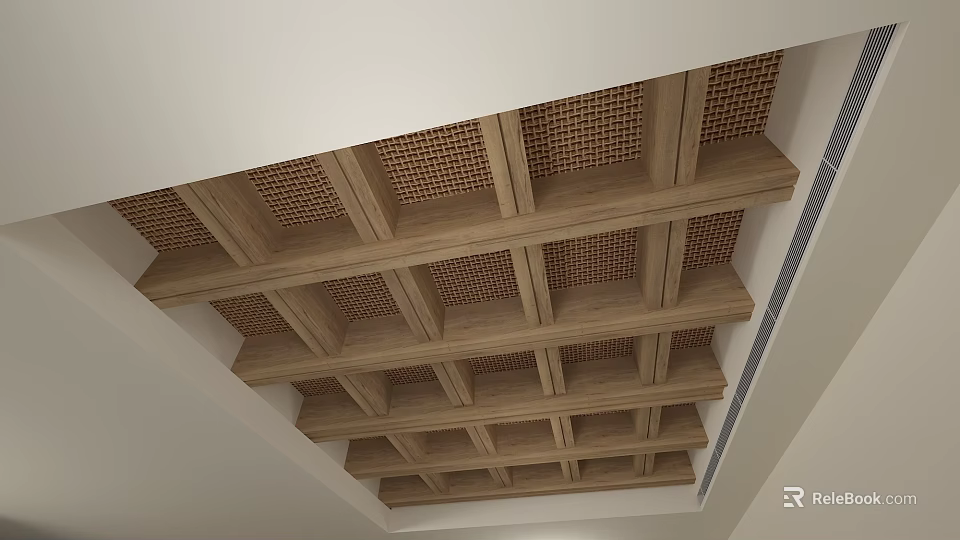 Modern Wooden Grid Ceiling Design With Lattice Panels And Frame Structure 3d model 