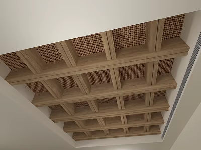 Modern Wooden Grid Ceiling Design With Lattice Panels And Frame Structure 3d model
