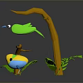 Colorful 3D Animated Bird Characters Perched on Tree Branch With Green Leaves