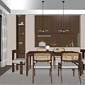 Modern Dining Room Interior With Wooden Table Rattan Backed Chairs Pendant Lights And Light Curtains
