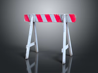 Red And White Striped Road Barrier With White Support Stands On Dark Surface 3d model