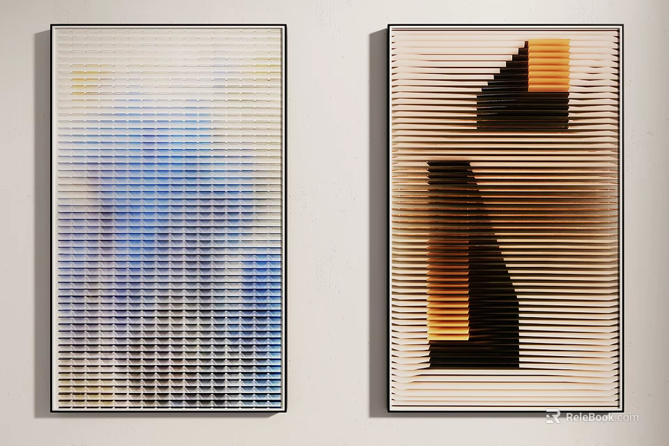 Modern Abstract Artworks Hanging On Wall With Grid Pattern And Geometric Shapes 3d model