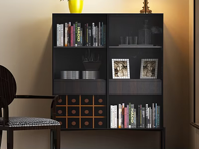 Modern Wine Cabinet With Books Vase Lamp Picture Frames And Drawers With Circular Knobs 3d model