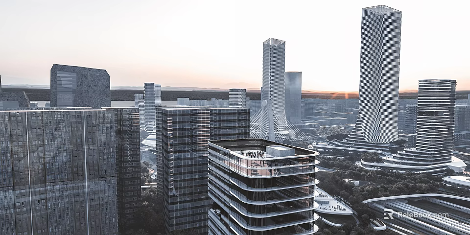 Modern Office Buildings In Urban City Skyline With Sunset View And Glass Facades 3d model 
