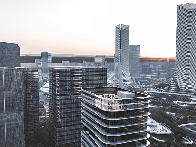 Modern Office Buildings In Urban City Skyline With Sunset View And Glass Facades 3d model