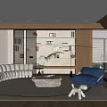 Modern Living Room Interior With White Curved Sofa Blue Bean Bag And Stone Coffee Table