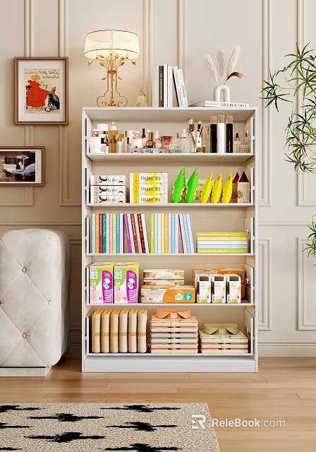 Modern Multi Shelf White Dresser with Organized Cosmetics Books Towels Storage Items 3d model 