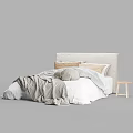 Cozy Minimalist Bedroom Bed With Beige Headboard Pillows Gray Blanket And Wooden Stools