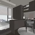 Modern Tatami Bedroom Design With Storage Cabinets City View Window Work Desk Round Rug And Chair