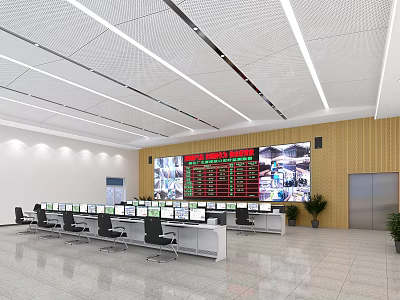 Modern Monitoring Room With Multiple Computers Operation Desks Chairs And Large Display Screens 3d model