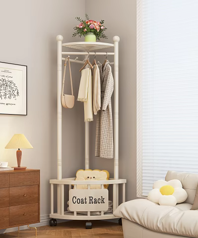 Modern Clothing Rack with Hanging Clothes Handbag and Stuffed Toy in Cozy Interior 3d model
