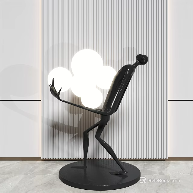 Modern Black Human Shaped Sculpture Against Vertical Striped Wall With White Circular Lights 3d model 