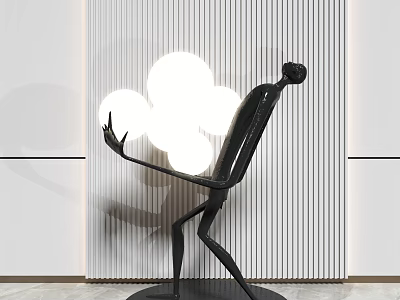 Modern Black Human Shaped Sculpture Against Vertical Striped Wall With White Circular Lights 3d model