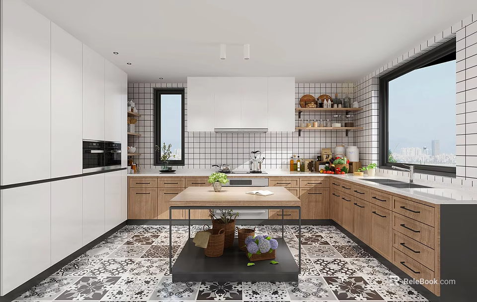 Modern Kitchen Interior With White Cabinets Wooden Island Tiled Backsplash And Window 3d model 