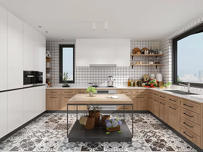 Modern Kitchen Interior With White Cabinets Wooden Island Tiled Backsplash And Window 3d model