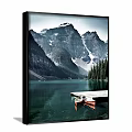 Serene Landscape Painting With Snow Capped Mountains Calm Lake Pine Trees And Wooden Dock Rowboats