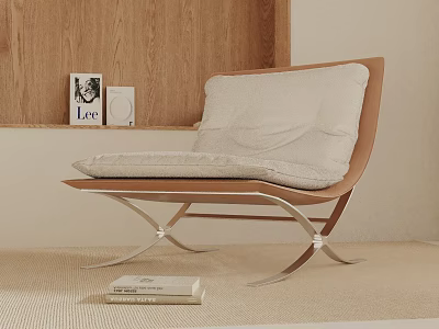 Modern Leisure Chair with Wooden Frame Metal Legs Beige Cushion and Books Near Wooden Wall 3d model