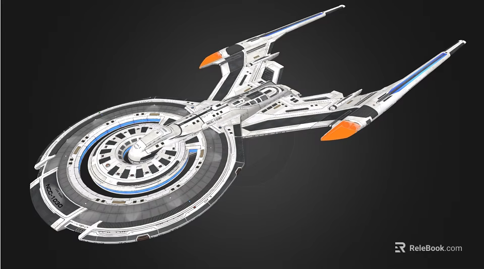 Futuristic Sci Fi Spacecraft With Circular Body Sleek Wings And Orange Thrusters 3d model