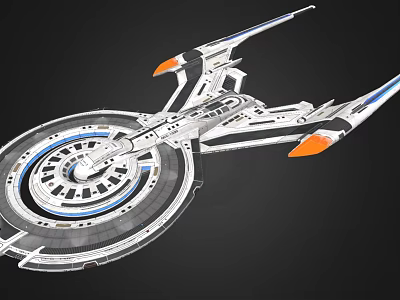 Futuristic Sci Fi Spacecraft With Circular Body Sleek Wings And Orange Thrusters 3d model