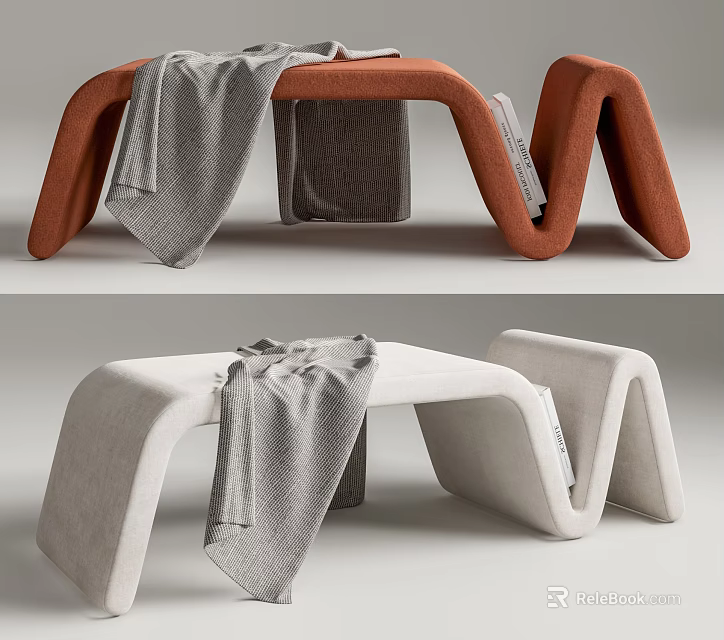 Chic Ottoman Designs With Blanket In Orange And Light Gray 3d model