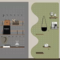 Gray Green Pegboard Wall Decor with Wooden Shelves Hooks and Hanging Accessories