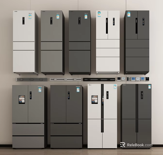 Modern Style Refrigerators and Freezers with Various Colors and Designs Displayed 3d model 