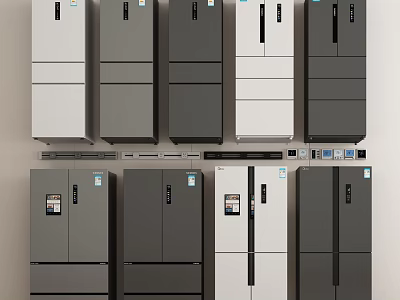 Modern Style Refrigerators and Freezers with Various Colors and Designs Displayed 3d model