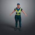 Game Movie Character In Blue Cap Yellow Reflective Vest Dark Blue Uniform And Gray Backdrop