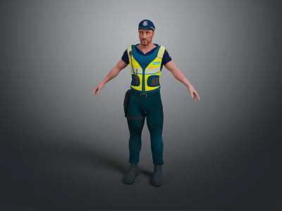 Game Movie Character In Blue Cap Yellow Reflective Vest Dark Blue Uniform And Gray Backdrop 3d model