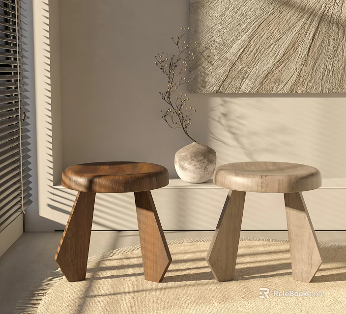 Modern Two Wooden Stools With Angular Legs In Room With Window Blinds Wall Art And Rug 3d model 