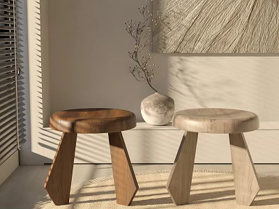 Modern Two Wooden Stools With Angular Legs In Room With Window Blinds Wall Art And Rug 3d model