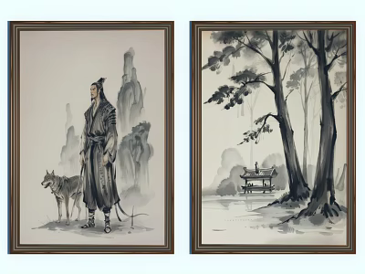 Traditional Chinese Landscape Painting With Figure Dog Rocks Trees And Pavilion 3d model