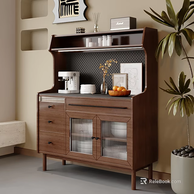Elegant Wooden Sideboard with Drawers Glass Doors Featuring Coffee Machine Vase Oranges and Potted Plant 3d model 