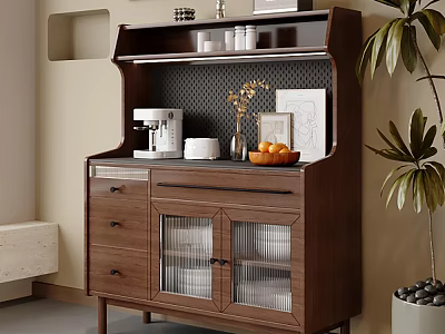 Elegant Wooden Sideboard with Drawers Glass Doors Featuring Coffee Machine Vase Oranges and Potted Plant 3d model