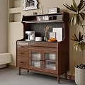 Elegant Wooden Sideboard with Drawers Glass Doors Featuring Coffee Machine Vase Oranges and Potted Plant