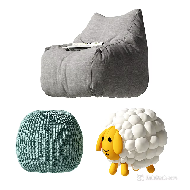 Stylish Sofa Stools Collection Featuring Gray Bean Bag Green Woven And Sheep Shaped Designs 3d model 