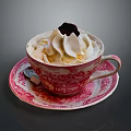 Creamy Dessert with Whipped Cream and Blackberry in Vintage Red Floral Teacup and Saucer
