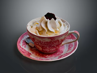Creamy Dessert with Whipped Cream and Blackberry in Vintage Red Floral Teacup and Saucer 3d model