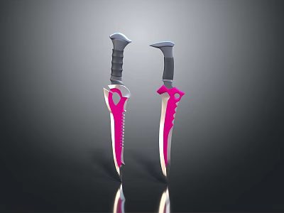 Two Modern Weapon Knives With Pink Blades Silver Design And Black Handles 3d model