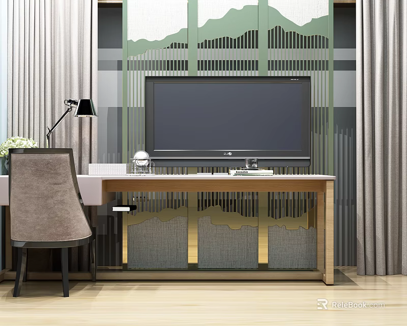 Modern Home Office Desk With Monitor Lamp Comfortable Chair And Geometric Wall 3d model 