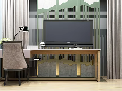 Modern Home Office Desk With Monitor Lamp Comfortable Chair And Geometric Wall 3d model